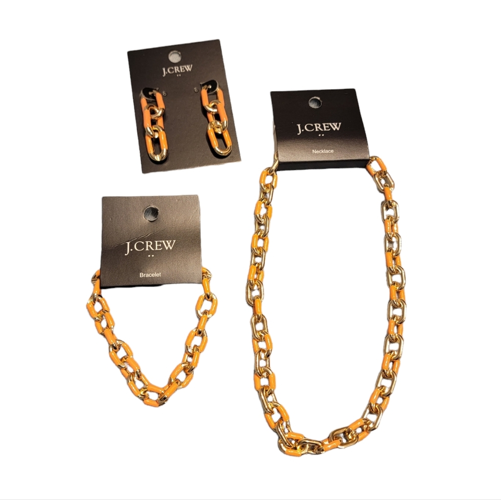 J. Crew Enamel Link Sweet Marigold Necklace, Bracelet & Earrings Set Nwt
